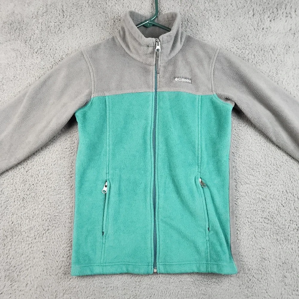 Columbia Fleece Jacket Girls Medium 10-12 Gray Teal Full Zip Colorblock Gorpcore
